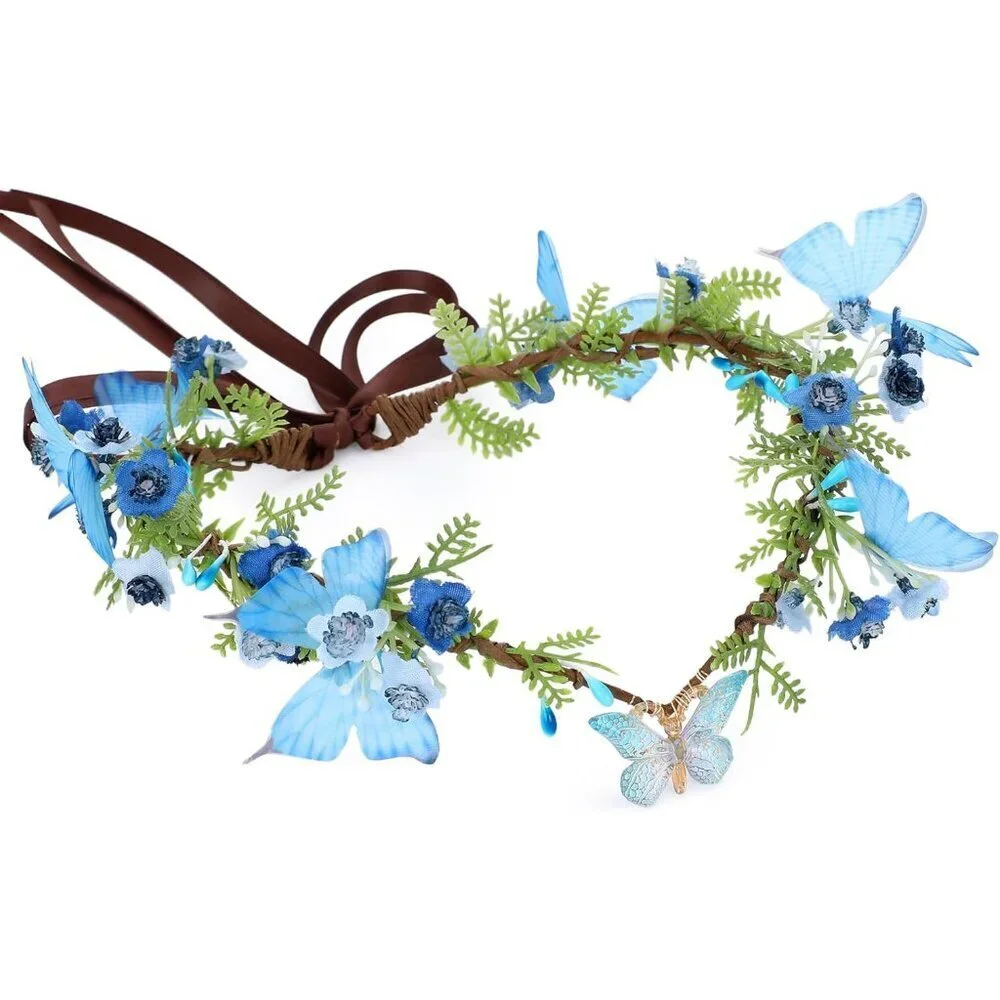 Handmade Fairy Butterfly Crown Flower Headband for Women Girls Spring Wedding